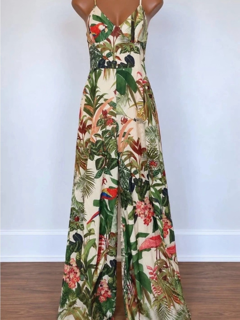 SHEIN Cream Tropical Print Maxi Dress with Green and Coral Accents